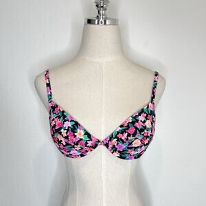 Vintage Victoria’s Secret 34B Push Up Bikini Swimsuit Top Black Floral USA